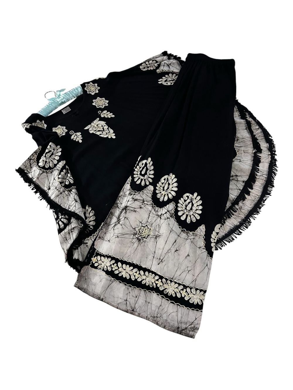 Set - Dyed Fabric & Embroidered Black and White Poncho and Pants